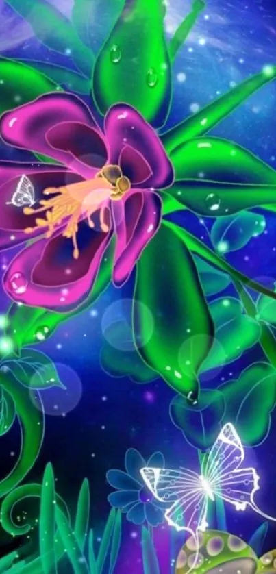 Vibrant fantasy floral wallpaper with luminous butterflies.