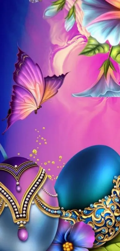 Vibrant fantasy floral art with butterflies and ornate eggs.