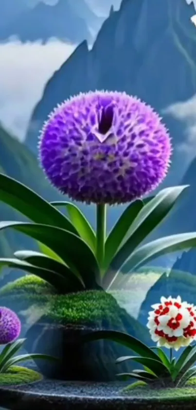 Purple and white exotic flowers with mountain backdrop.
