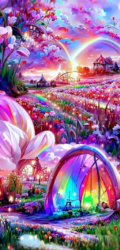 Colorful fantasy landscape with flowers and rainbow.