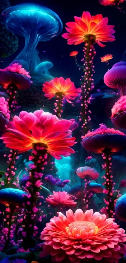 Vibrant fantasy floral wallpaper with neon pink flowers glowing.