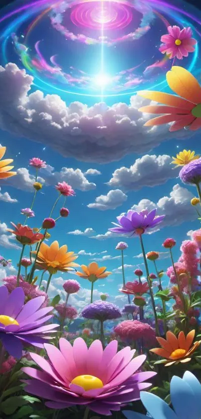 Fantasy flowers bloom under a vivid cosmic sky.