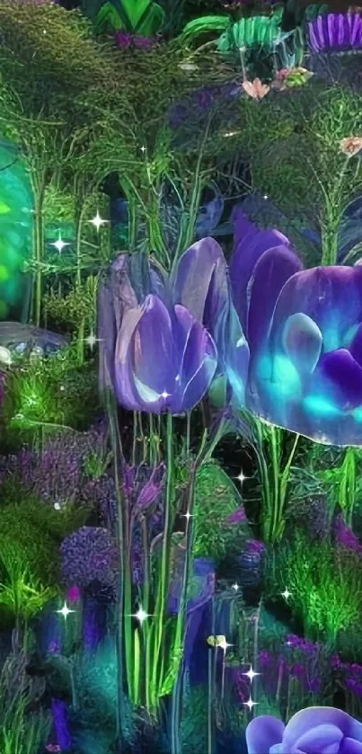 Fantasy wallpaper with glowing purple flowers and enchanted garden scene.