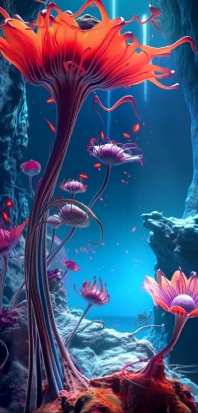 Fantasy flowers in an underwater cave with vibrant colors.