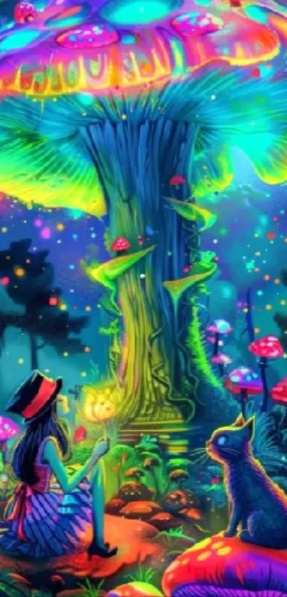 Vibrant forest with a girl and dog under neon mushrooms.