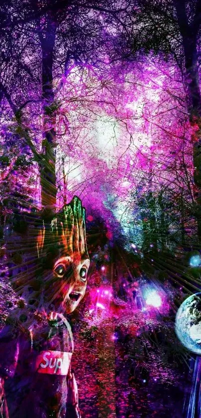 Vibrant fantasy forest with purple hues and mystical elements.