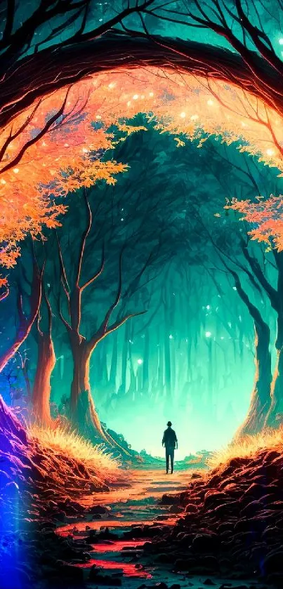Vibrant fantasy forest with neon colors and a mysterious pathway.