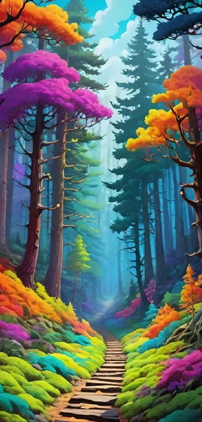 Mobile wallpaper of a vibrant, colorful fantasy forest path.