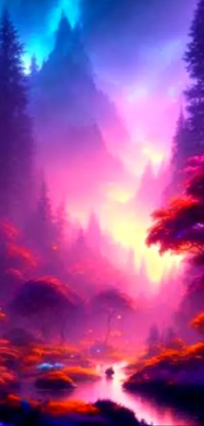 Vibrant fantasy forest wallpaper with magenta and purple hues.