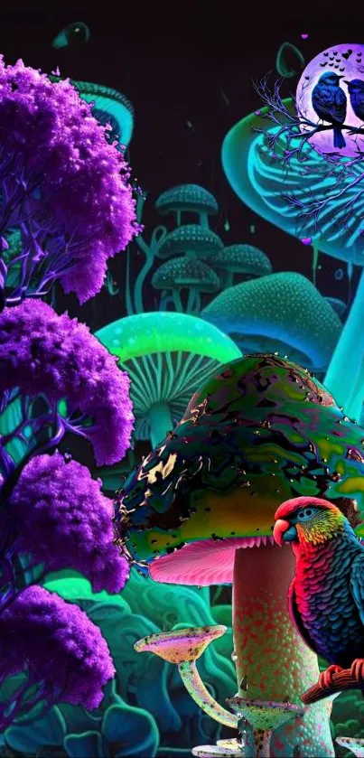 Neon fantasy forest with colorful parrot and vibrant mushrooms.