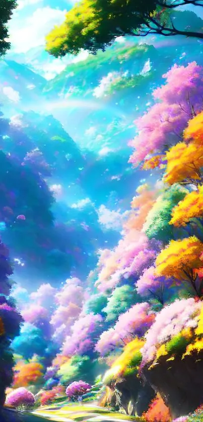 Path through colorful fantasy forest with vibrant trees.