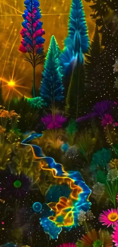 Vibrant fantasy forest wallpaper with glowing flowers and luminous trees.