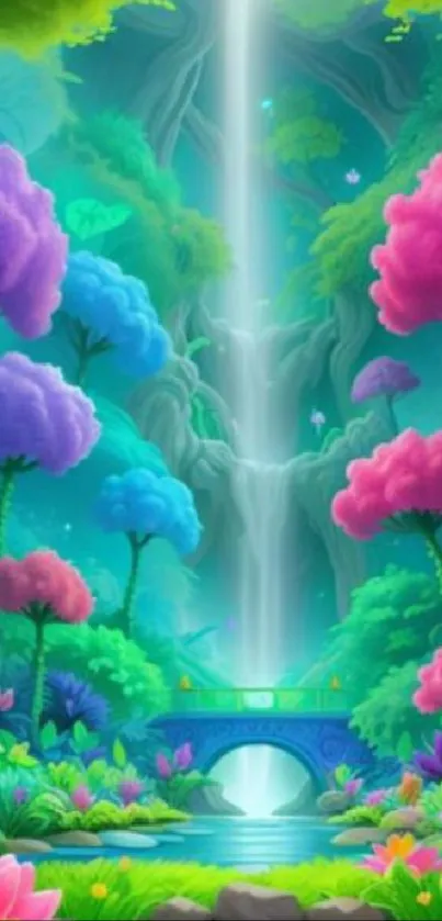 Vibrant fantasy forest with colorful trees and waterfall.