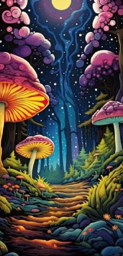Vibrant wallpaper of a fantasy forest with glowing mushrooms under a starry night sky.