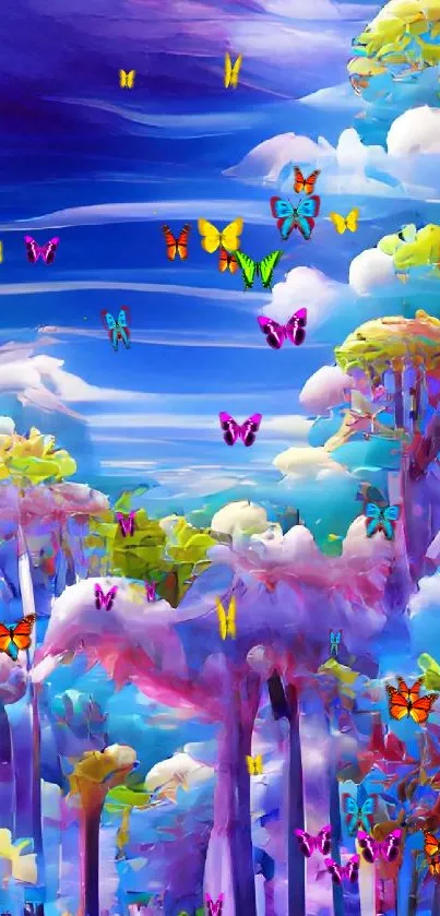 Vibrant abstract forest with surreal clouds and colorful trees.