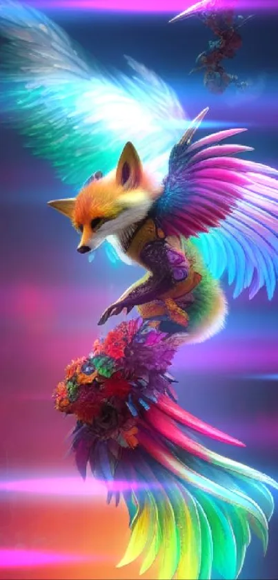 Fantasy fox with vibrant wings in a colorful, dreamlike landscape.