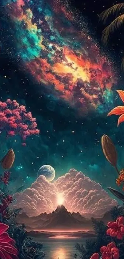 Vibrant fantasy galaxy landscape with colorful flowers and starry night sky.