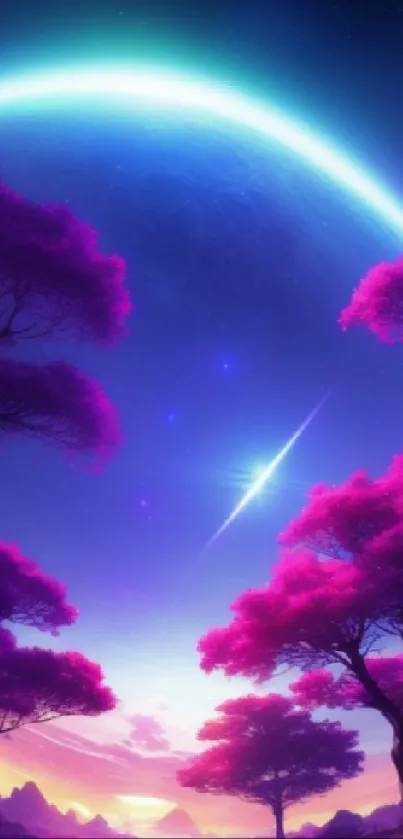 Vibrant pink and purple fantasy landscape under a bright planet.