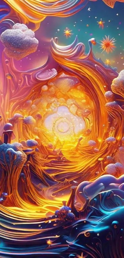 Vibrant abstract fantasy world with cosmic elements and swirling colors.