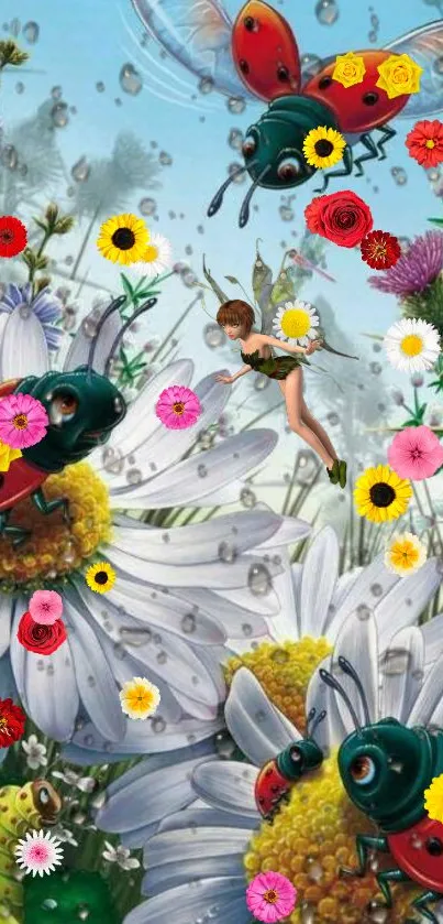 Whimsical fantasy garden with colorful insects and flowers, perfect for nature lovers.