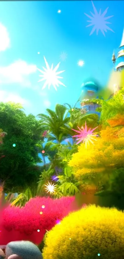 Colorful fantasy garden with palace under a blue sky.