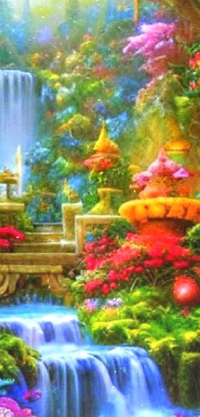 Vibrant fantasy garden wallpaper with lush greenery and colorful flowers.