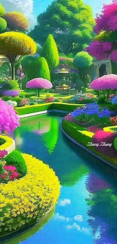 Vibrant fantasy garden with colorful plants and serene reflections.