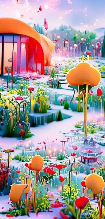 Whimsical garden with vibrant flowers and surreal architecture in a fantasy setting.