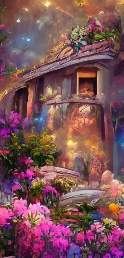 Vibrant fantasy garden wallpaper with lush flowers and mystical architecture.