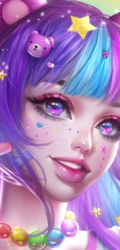 Vibrant fantasy girl with colorful hair and starry accents.