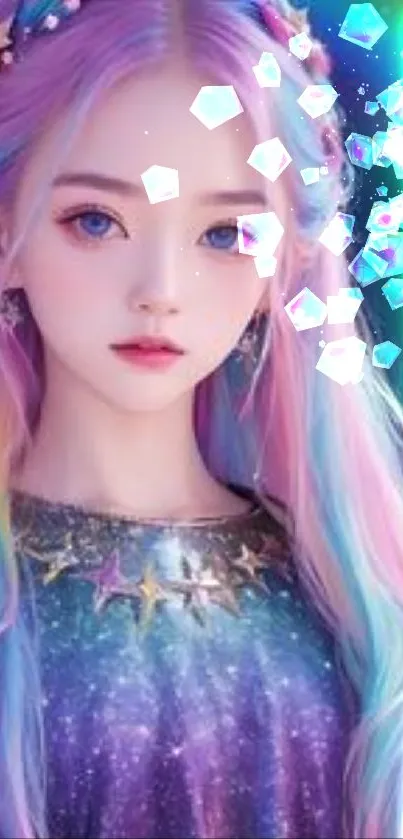 Fantasy girl with pastel rainbow hair and stars on a vibrant background.