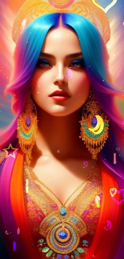 Vibrant fantasy goddess with colorful details and intricate design.