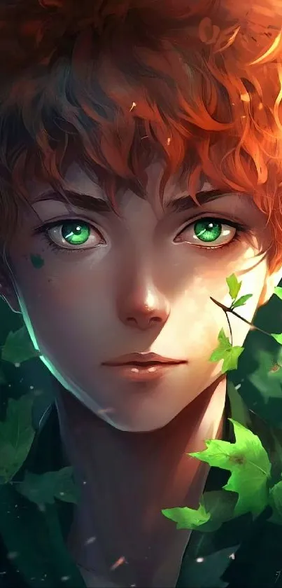 Fantasy art with green-eyed character surrounded by leaves.