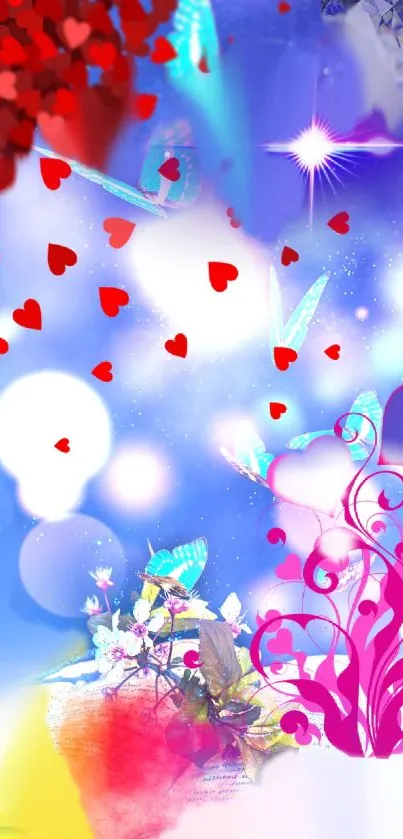 Vibrant mobile wallpaper with hearts and butterflies.