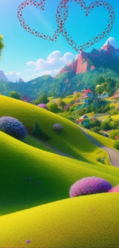 Vibrant fantasy hills with colorful landscape and heart shapes.