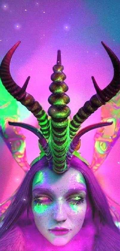 Vibrant fantasy wallpaper with neon-hued horns and ethereal colors.