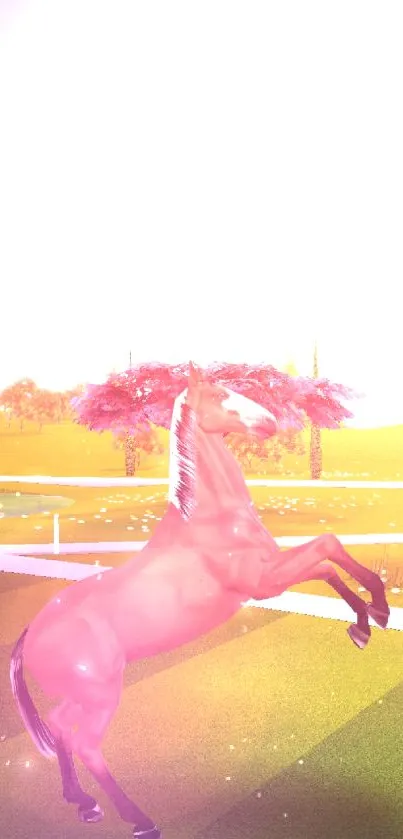 Pink horse in a vibrant surreal landscape at sunrise.