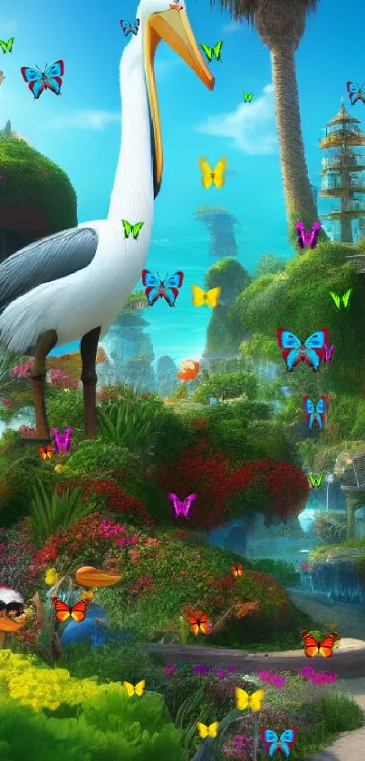 Fantasy island landscape with exotic birds and vibrant greenery.