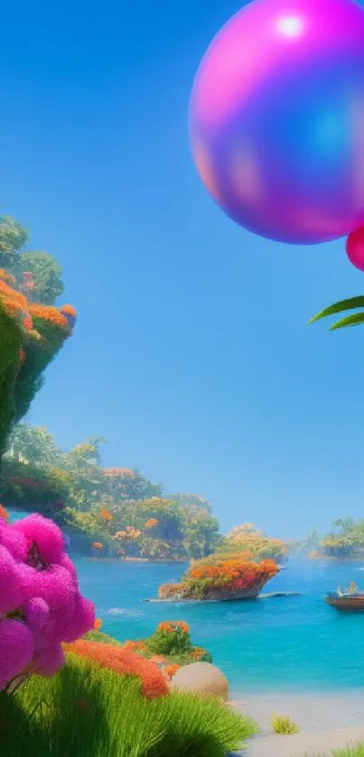 Bright fantasy island with colorful balloons and serene waters.