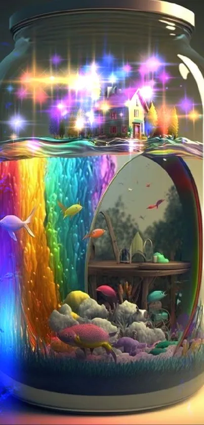 Colorful fantasy jar art with fish, rainbow, and house scene.