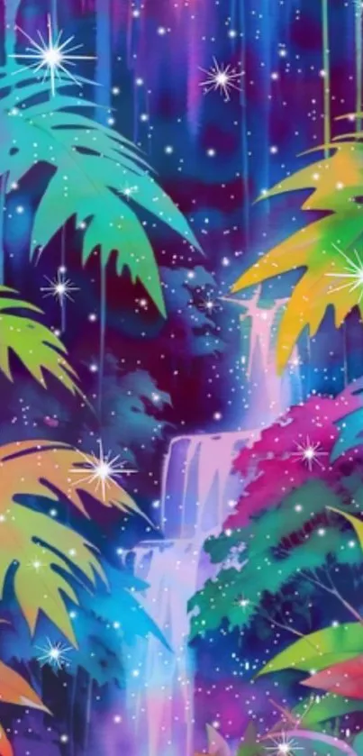 Vibrant jungle waterfall with colorful leaves and stars on mobile wallpaper.