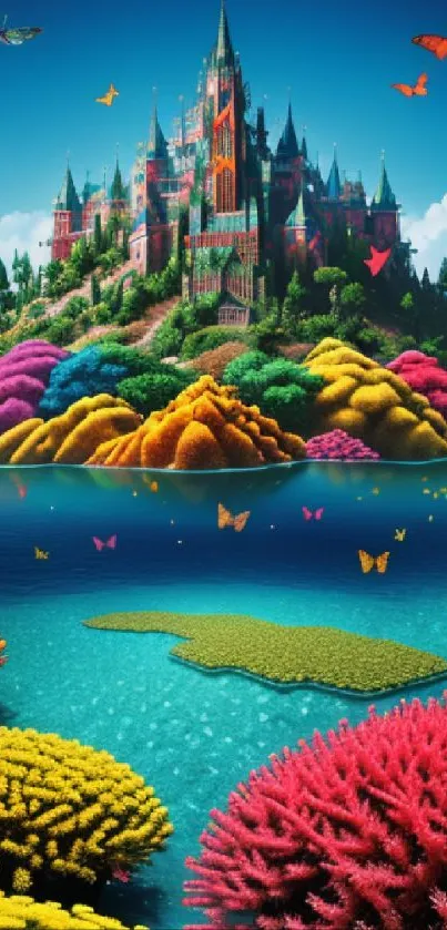 Colorful fantasy castle and corals with butterflies in vibrant wallpaper.