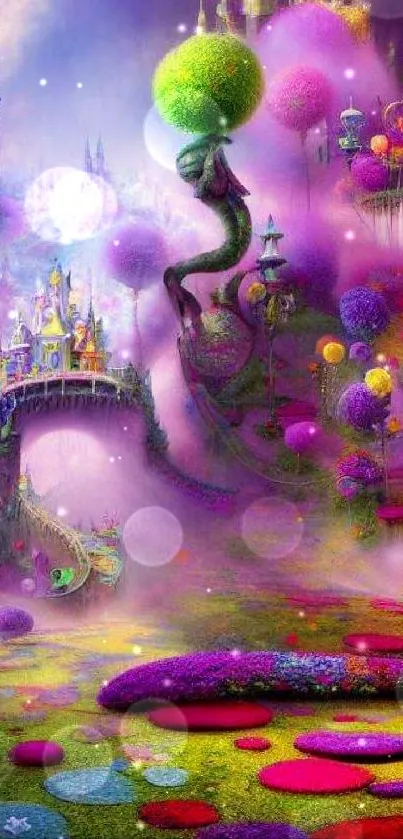 Colorful fantasy land with castles and whimsical landscapes.