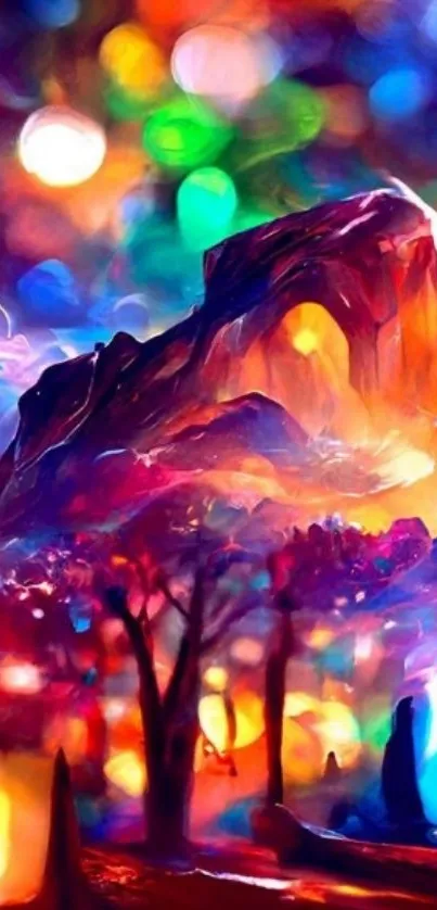 A colorful fantasy mountain landscape wallpaper for mobile devices.