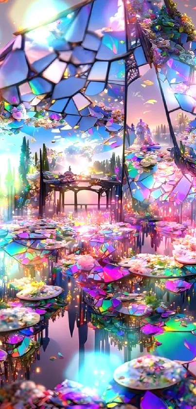 Vibrant fantasy landscape with colorful reflections and abstract elements.