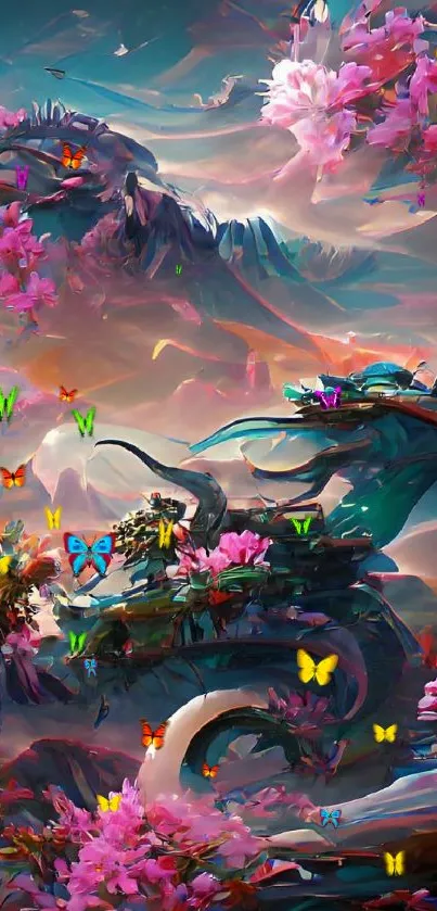 Fantasy landscape with dragons and pink flowers.