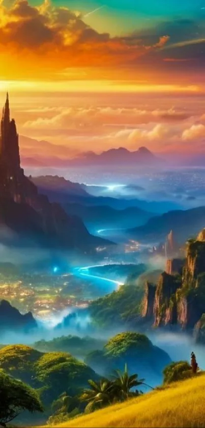 Vibrant fantasy landscape with cosmic sunset and mystical mountains.