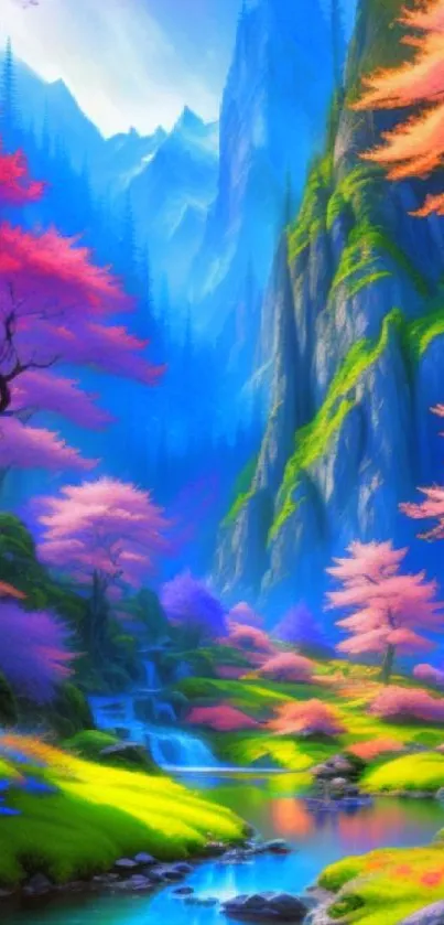 Vibrant fantasy landscape with colorful trees and mountains, perfect for mobile wallpaper.