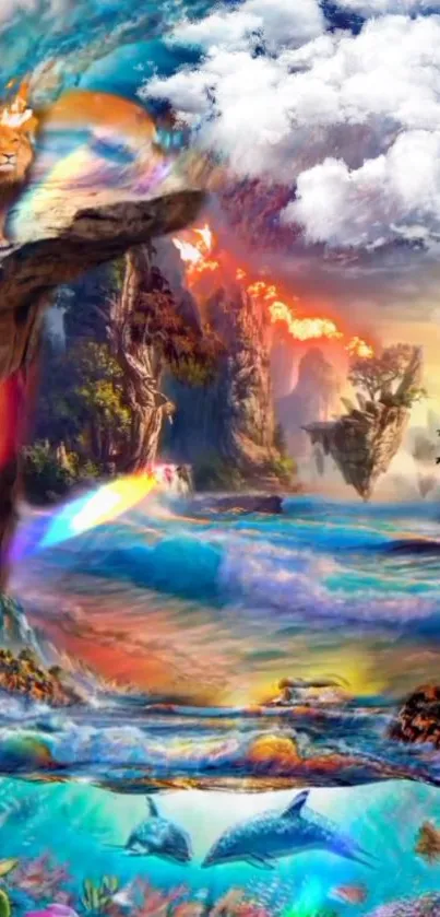 Fantasy wallpaper with lion, ocean waves, and vibrant colors.