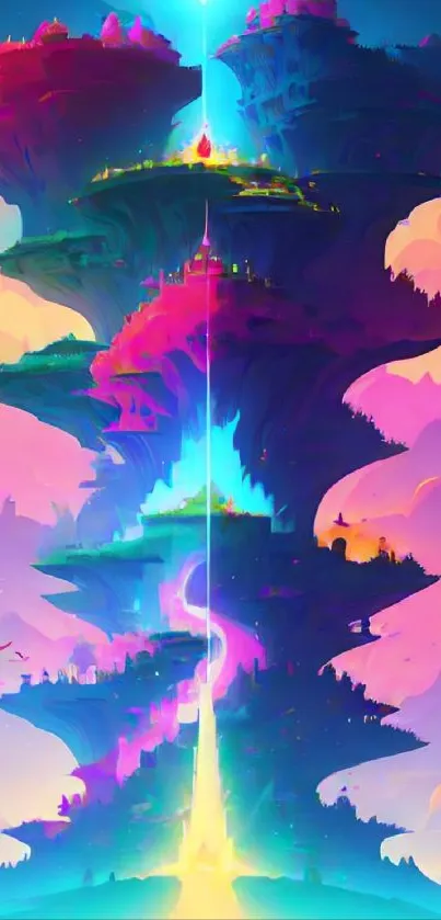 Colorful fantasy landscape with floating islands in vibrant hues.